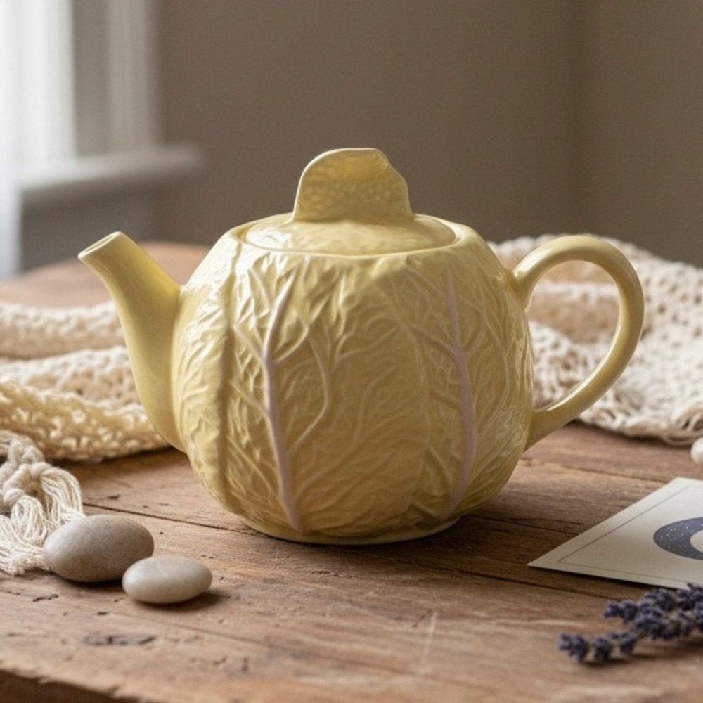 Secla Yellow Cabbage Ware Lidded Teapot, Vintage Portugal Majolica Ceramic
